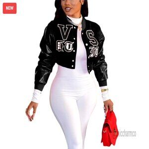 Cropped Faux Leather Varsity Jacket Letter Embroidery Button Down Baseball